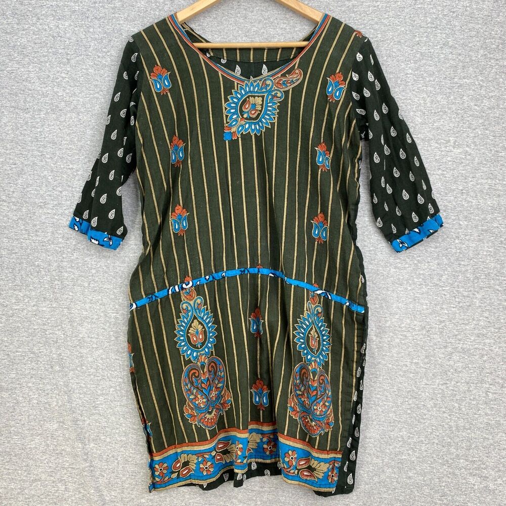 Colorfull Tunic Top Womens Large Green Multicolored 3/4 Sleeve Split Sides